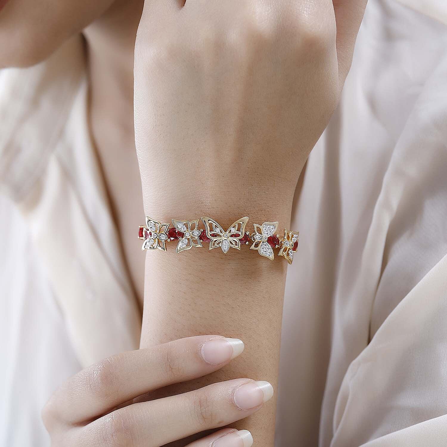 GP Italian Garden Collection -Lab Created Padparadscha Sapphire and Zircon Bracelet  (Size - 7.5) in 18K Vermeil YG Plated Sterling Silver 12.50 Ct, Silver Wt. 14.10 Gms