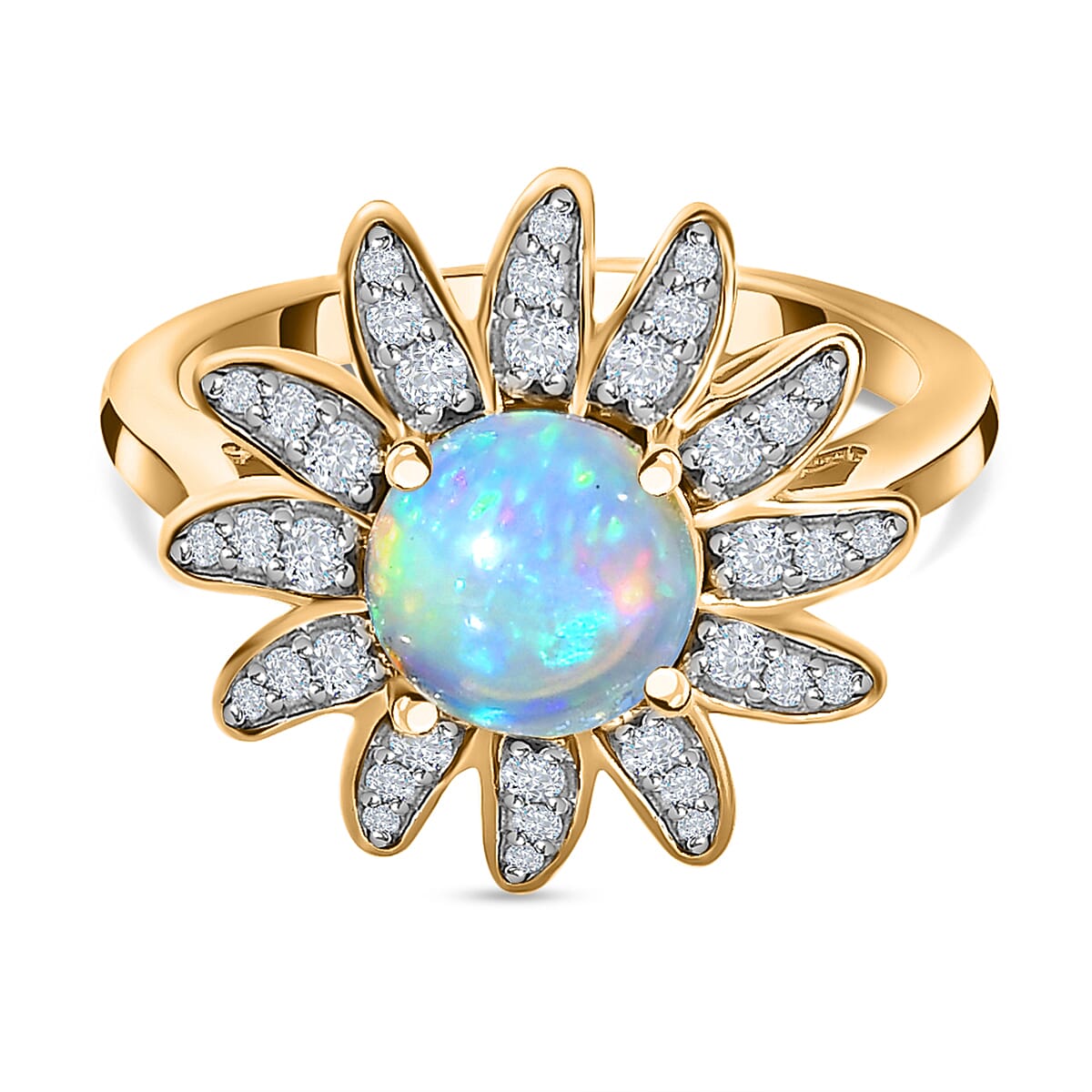 Ethiopian Welo Opal & Natural Zircon Floral Ring in 18K Vermeil Yellow Gold Plated Sterling Silver 1.34 Ct