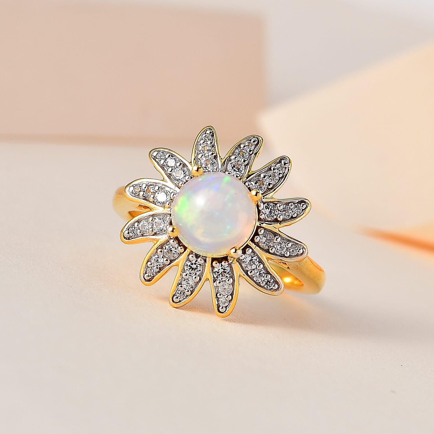 Ethiopian Welo Opal & Natural Zircon Floral Ring in 18K Vermeil Yellow Gold Plated Sterling Silver 1.34 Ct