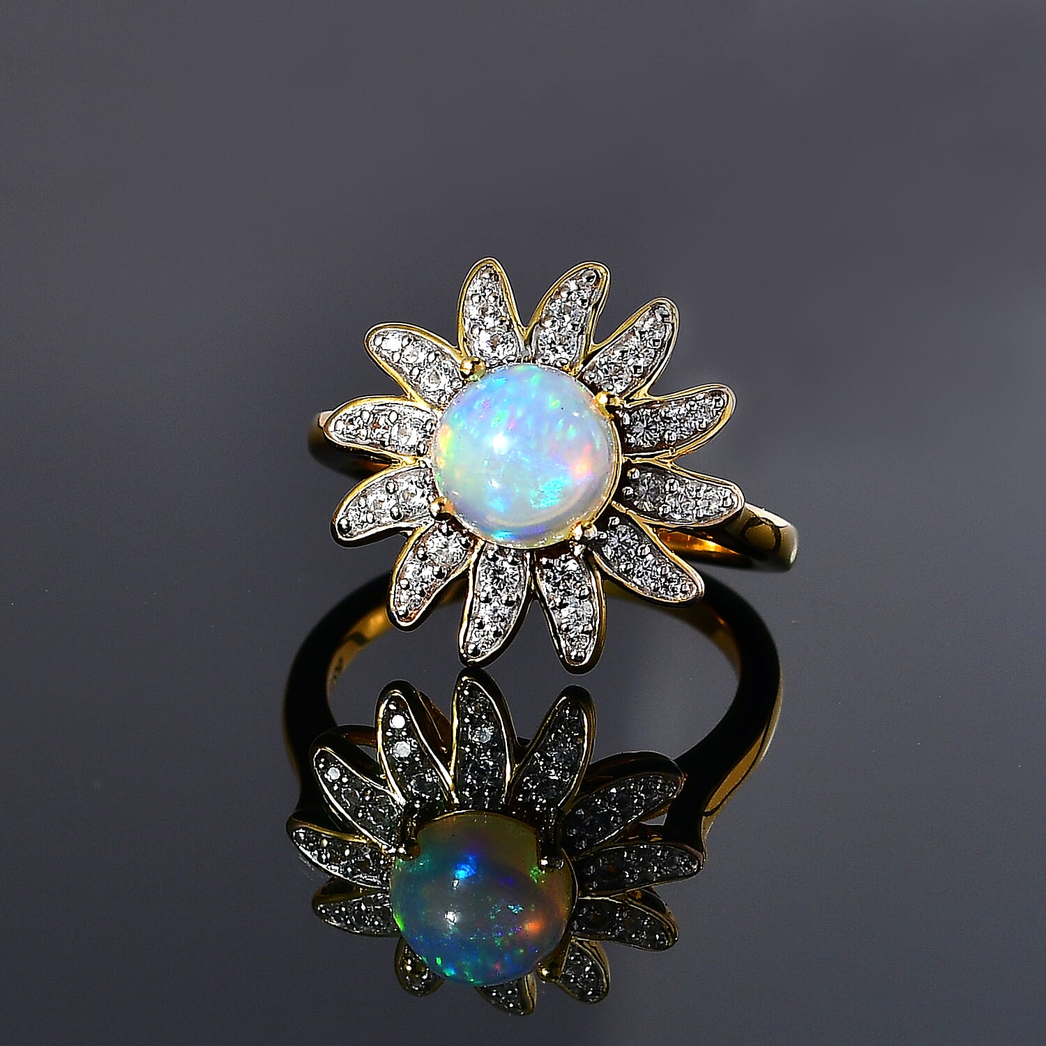 Ethiopian Welo Opal & Natural Zircon Floral Ring in 18K Vermeil Yellow Gold Plated Sterling Silver 1.34 Ct