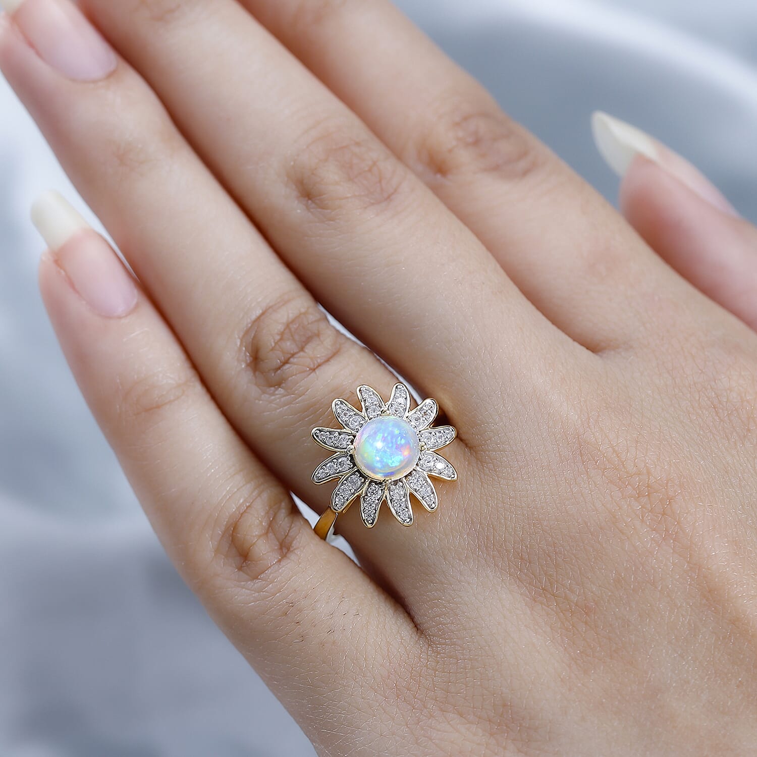 Ethiopian Welo Opal & Natural Zircon Floral Ring in 18K Vermeil Yellow Gold Plated Sterling Silver 1.34 Ct