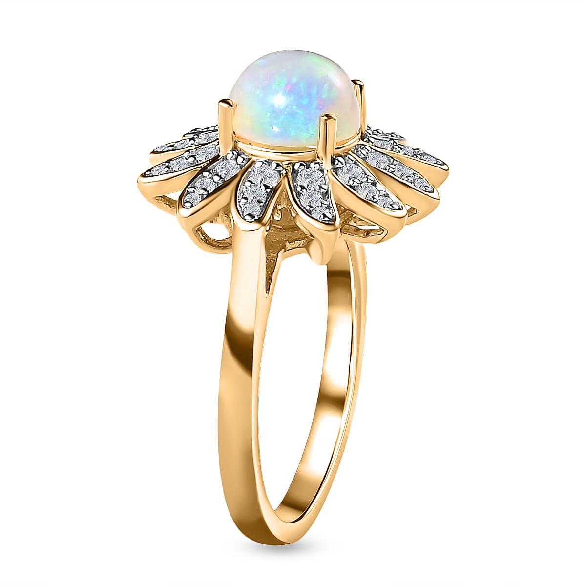 Ethiopian Welo Opal & Natural Zircon Floral Ring in 18K Vermeil Yellow Gold Plated Sterling Silver 1.34 Ct