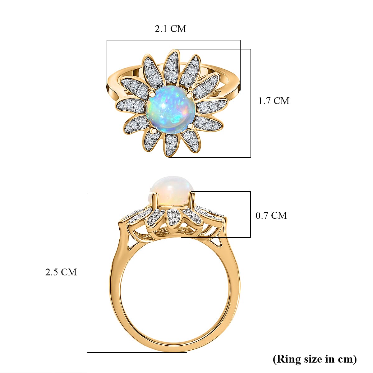 Ethiopian Welo Opal & Natural Zircon Floral Ring in 18K Vermeil Yellow Gold Plated Sterling Silver 1.34 Ct