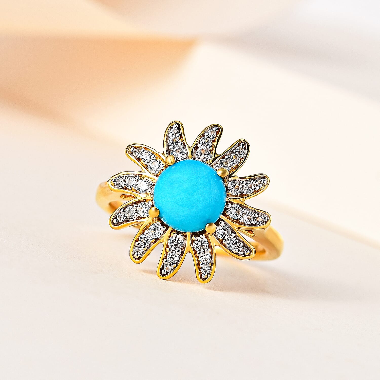 Arizona Sleeping Beauty Turquoise & Natural Zircon Floral Ring in 18K Vermeil Yellow Gold Plated Sterling Silver 1.65 Ct