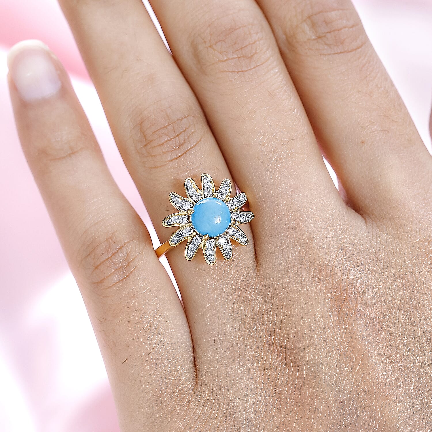 Arizona Sleeping Beauty Turquoise & Natural Zircon Floral Ring in 18K Vermeil Yellow Gold Plated Sterling Silver 1.65 Ct