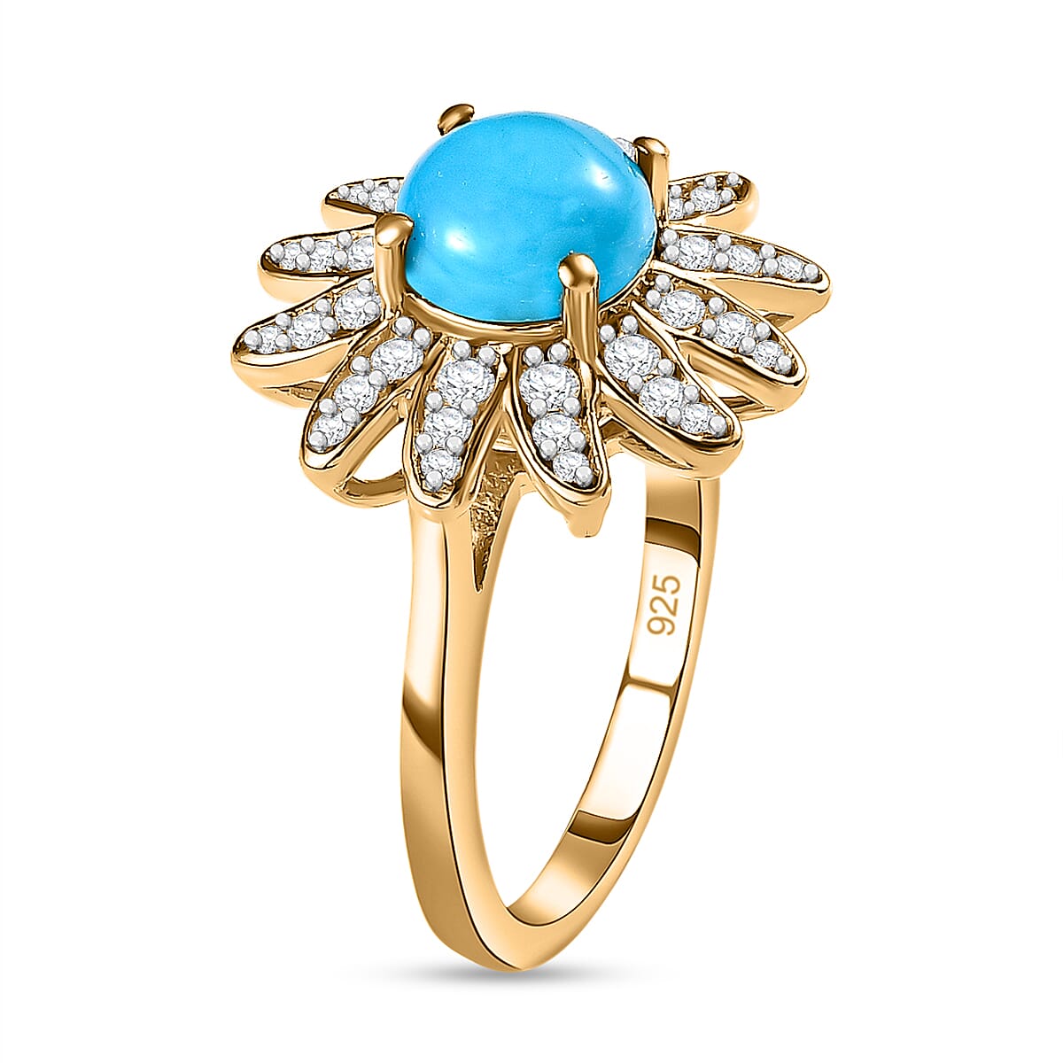 Arizona Sleeping Beauty Turquoise & Natural Zircon Floral Ring in 18K Vermeil Yellow Gold Plated Sterling Silver 1.65 Ct