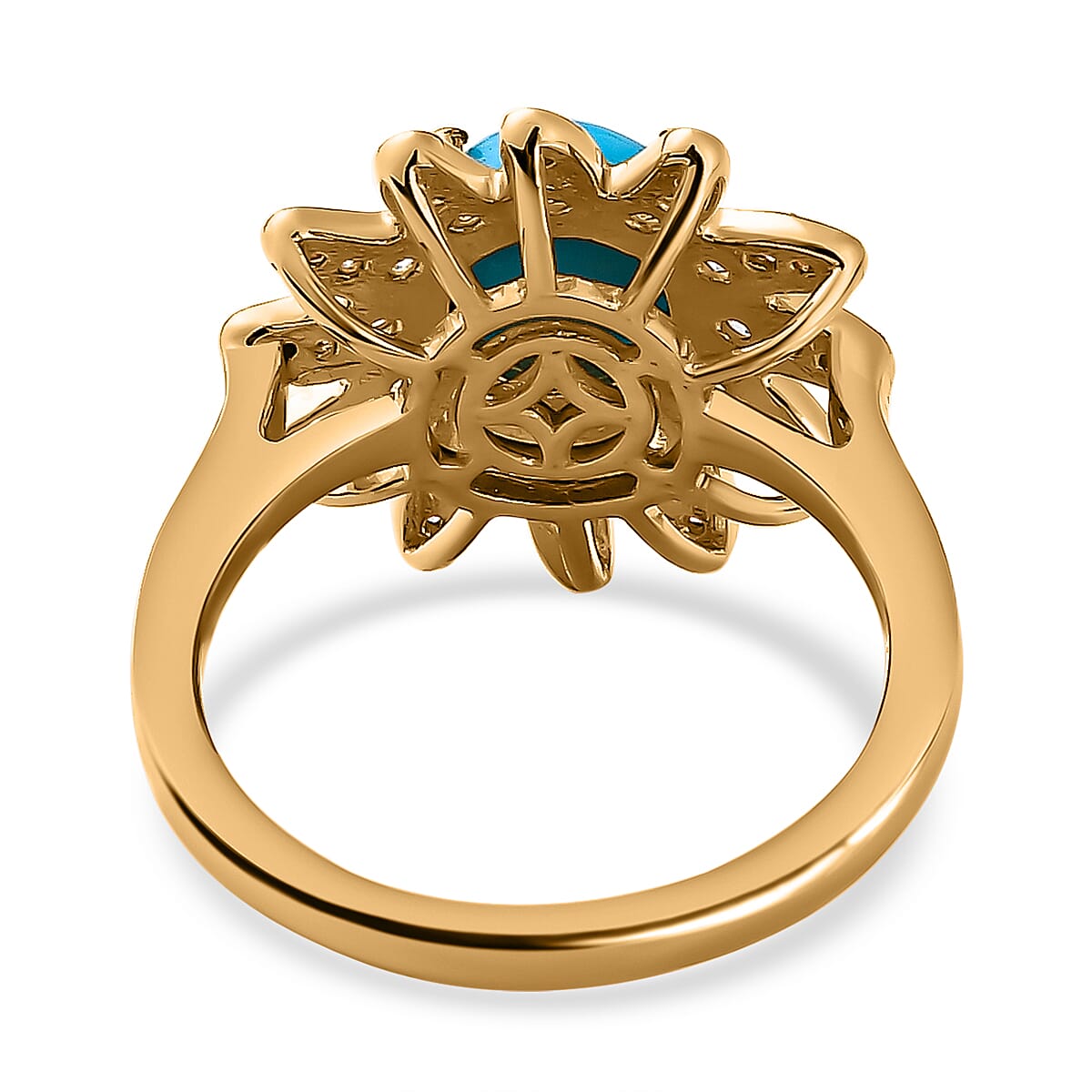 Arizona Sleeping Beauty Turquoise & Natural Zircon Floral Ring in 18K Vermeil Yellow Gold Plated Sterling Silver 1.65 Ct