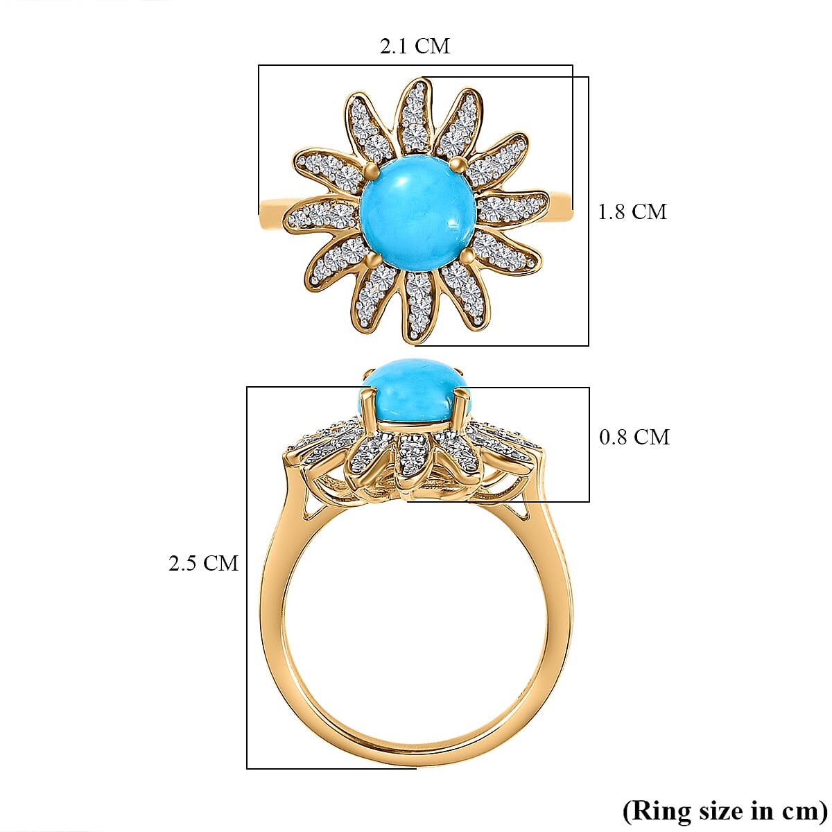 Arizona Sleeping Beauty Turquoise & Natural Zircon Floral Ring in 18K Vermeil Yellow Gold Plated Sterling Silver 1.65 Ct
