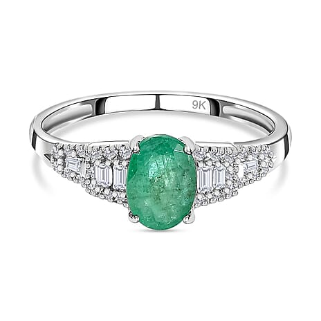 9K White Gold Emerald & Diamond Ring 0.90 Ct.