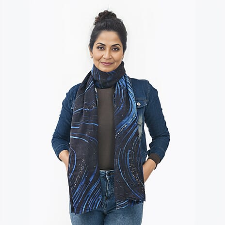 La Marey 100% Cashmere Printed Pashmina Woolen Scarf with Gift Box (Size 190x70cm) - Black & Blue