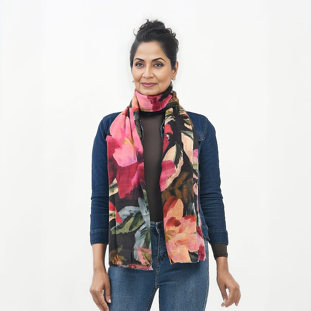 La Marey 100% Cashmere Printed Pashmina Woolen Scarf with Gift Box (Size 190x70cm) - Pink & Yellow