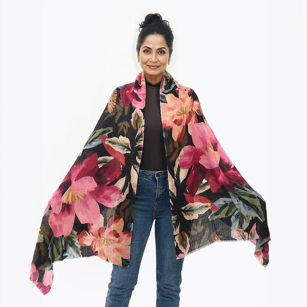 La Marey 100% Cashmere Printed Pashmina Woolen Scarf with Gift Box (Size 190x70cm) - Pink & Yellow