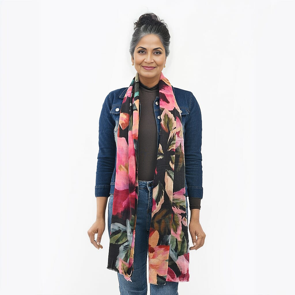 La Marey 100% Cashmere Printed Pashmina Woolen Scarf with Gift Box (Size 190x70cm) - Pink & Yellow