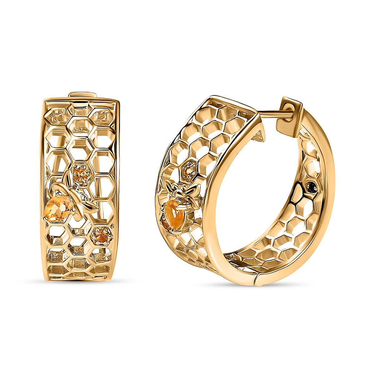 GP HoneyComb Collection - Citrine Hoop Earrings in 18K Vermeil YG Plated Sterling Silver, Silver Wt. 10.13 Gms