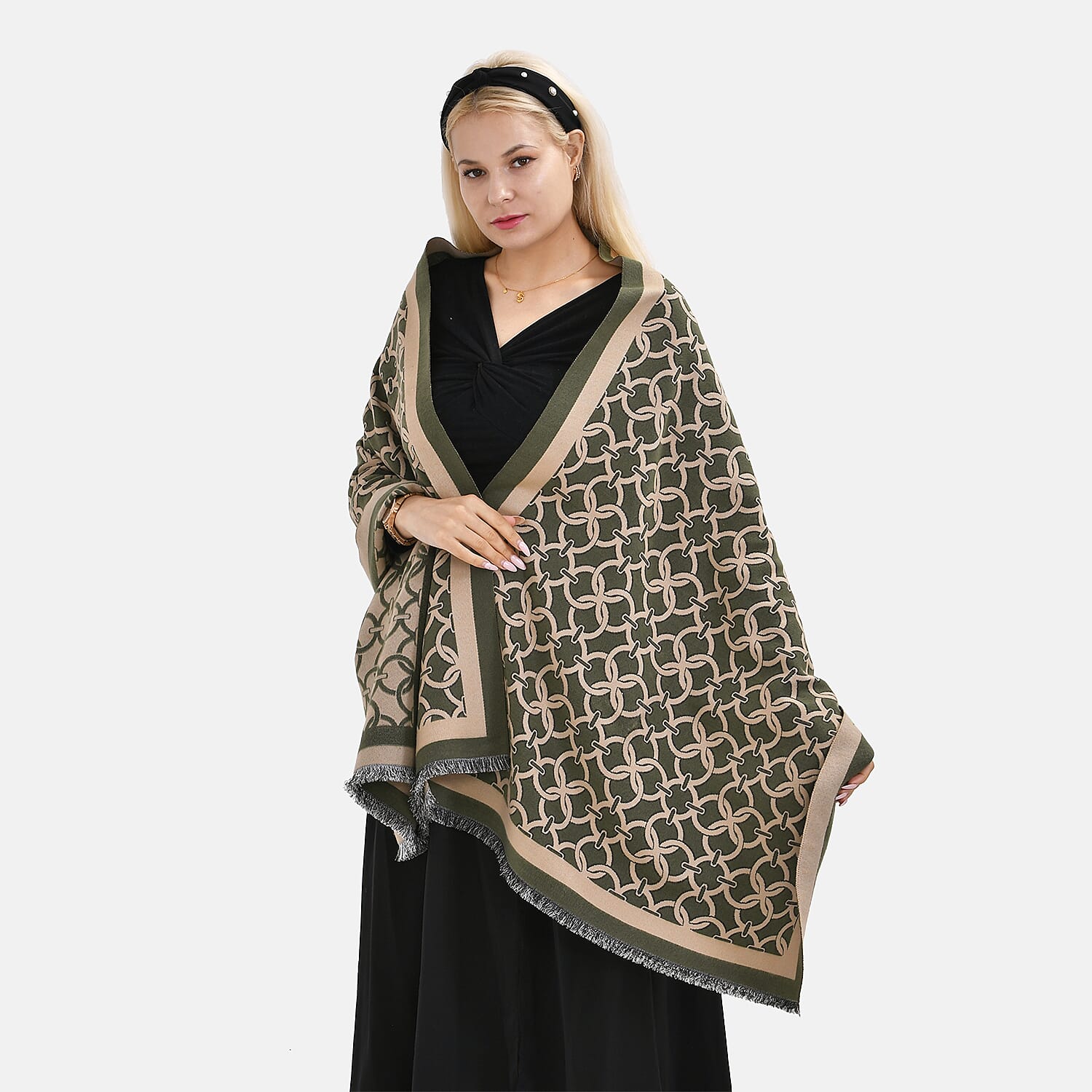 Closeout Deal - Super Soft Shawl with Circle Lattice Pattern (One Size,180x66 cm) - Green