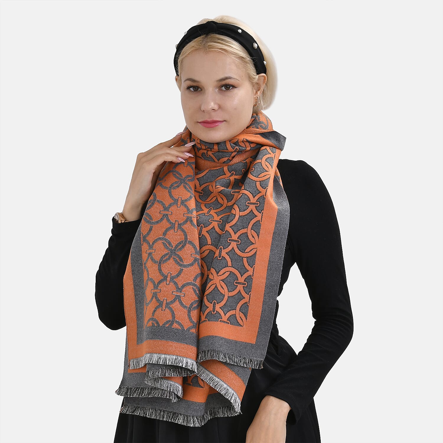 New Arrival at Ideal World - Lattice Shawl (Size 180x1 cm) - Orange - Green