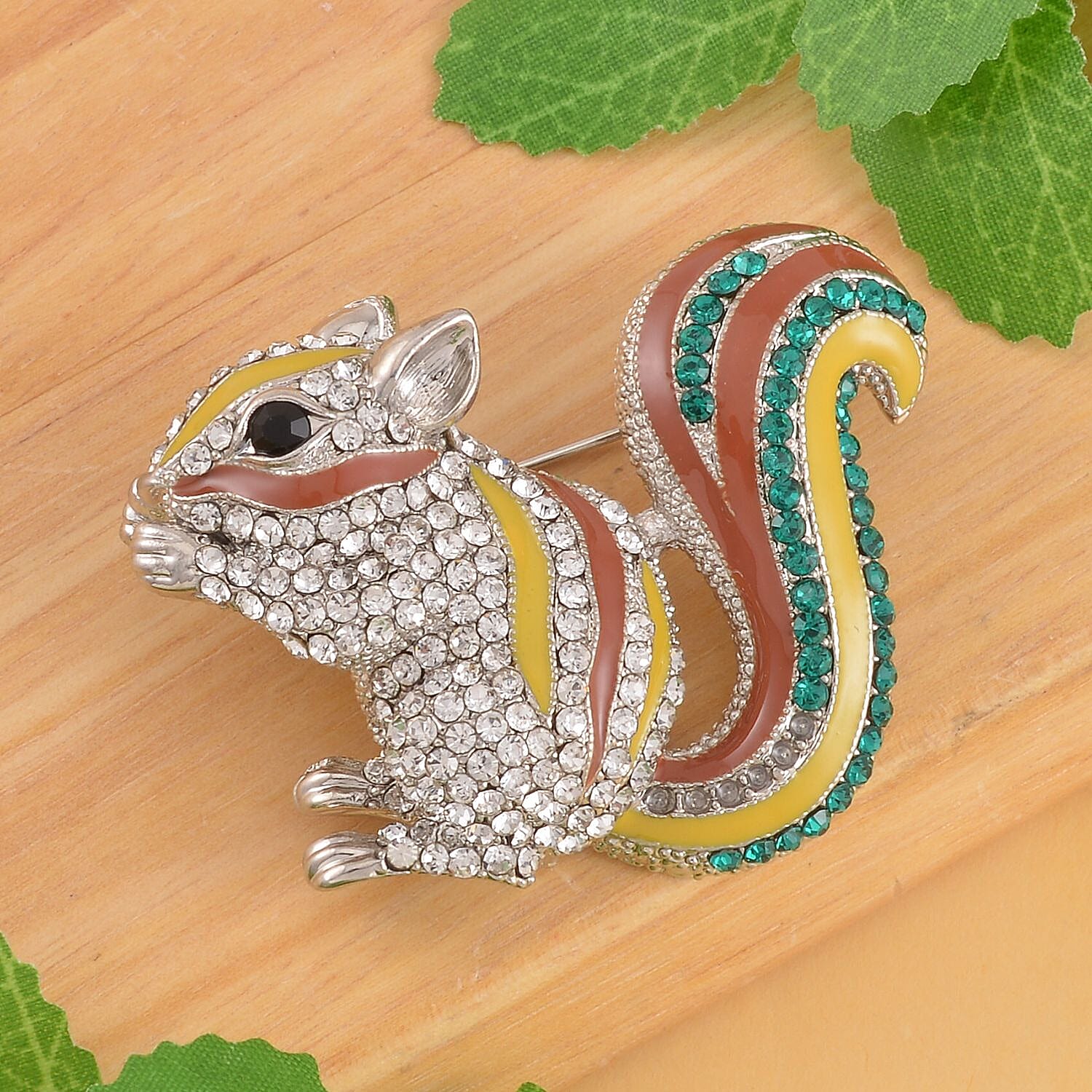 Multi Colour Austrian Crystal Enamelled Squirrel Brooch in Silver Tone