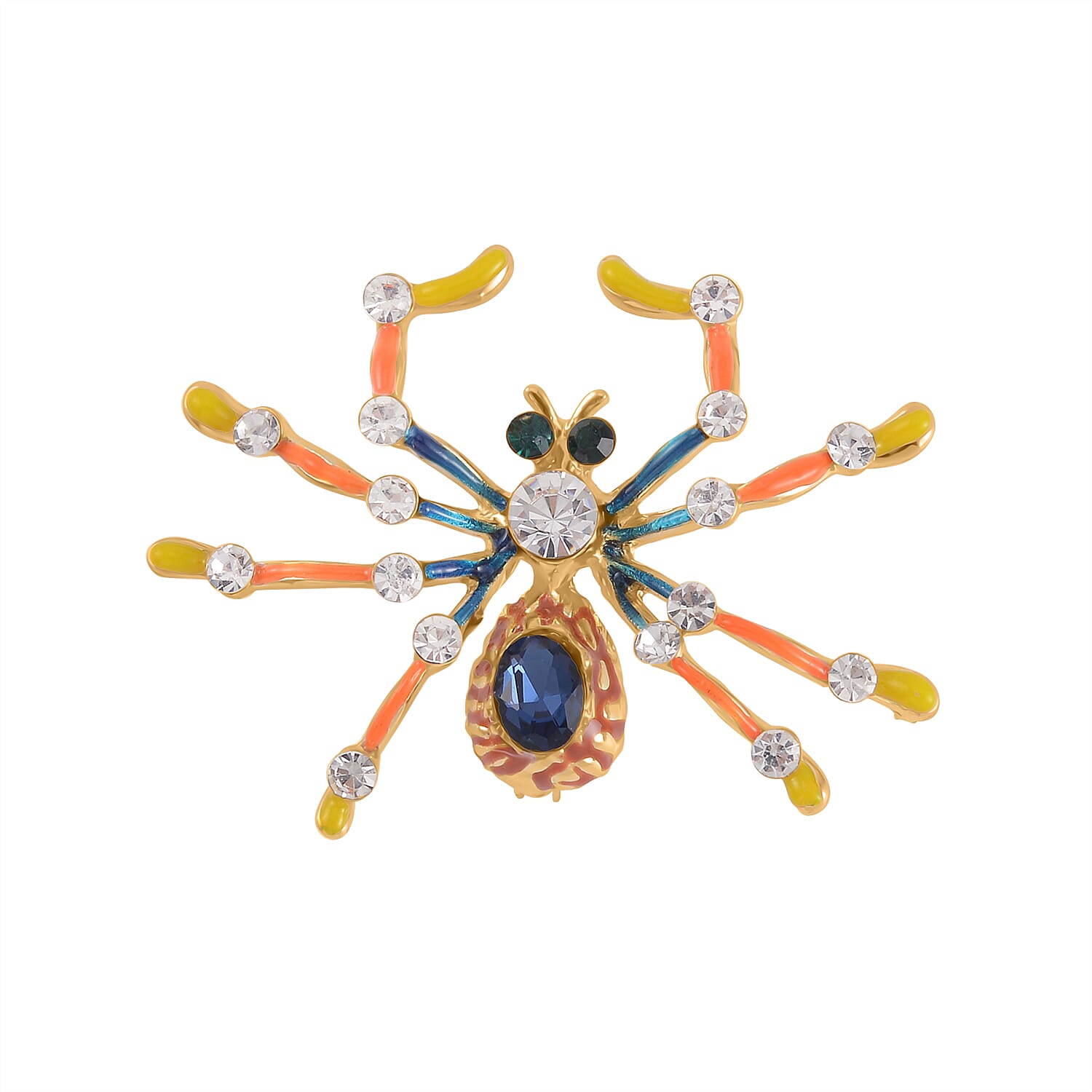 Multi Colour Austrian Crystal Spider Brooch in Yellow Gold Tone