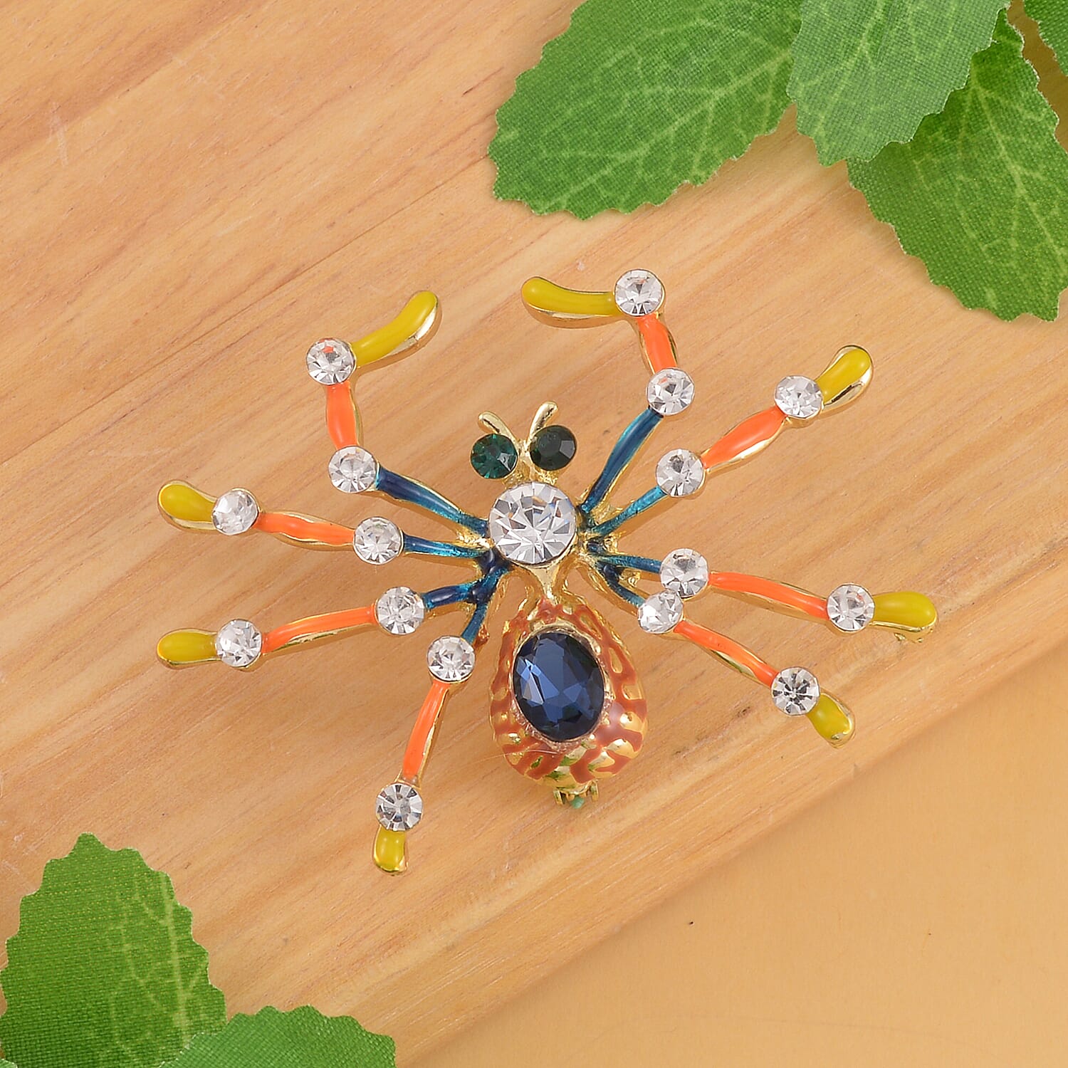 Multi Colour Austrian Crystal Spider Brooch in Yellow Gold Tone