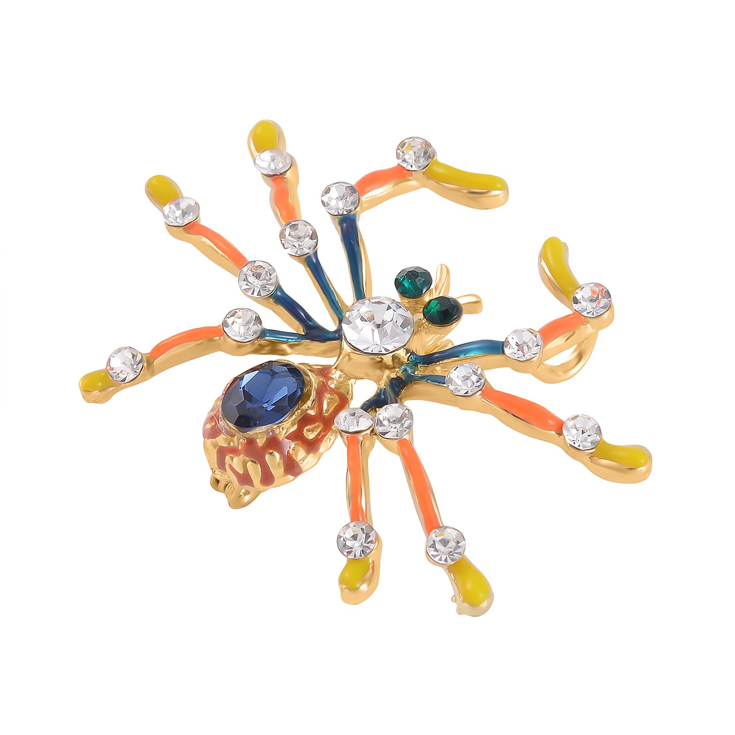 Multi Colour Austrian Crystal Spider Brooch in Yellow Gold Tone