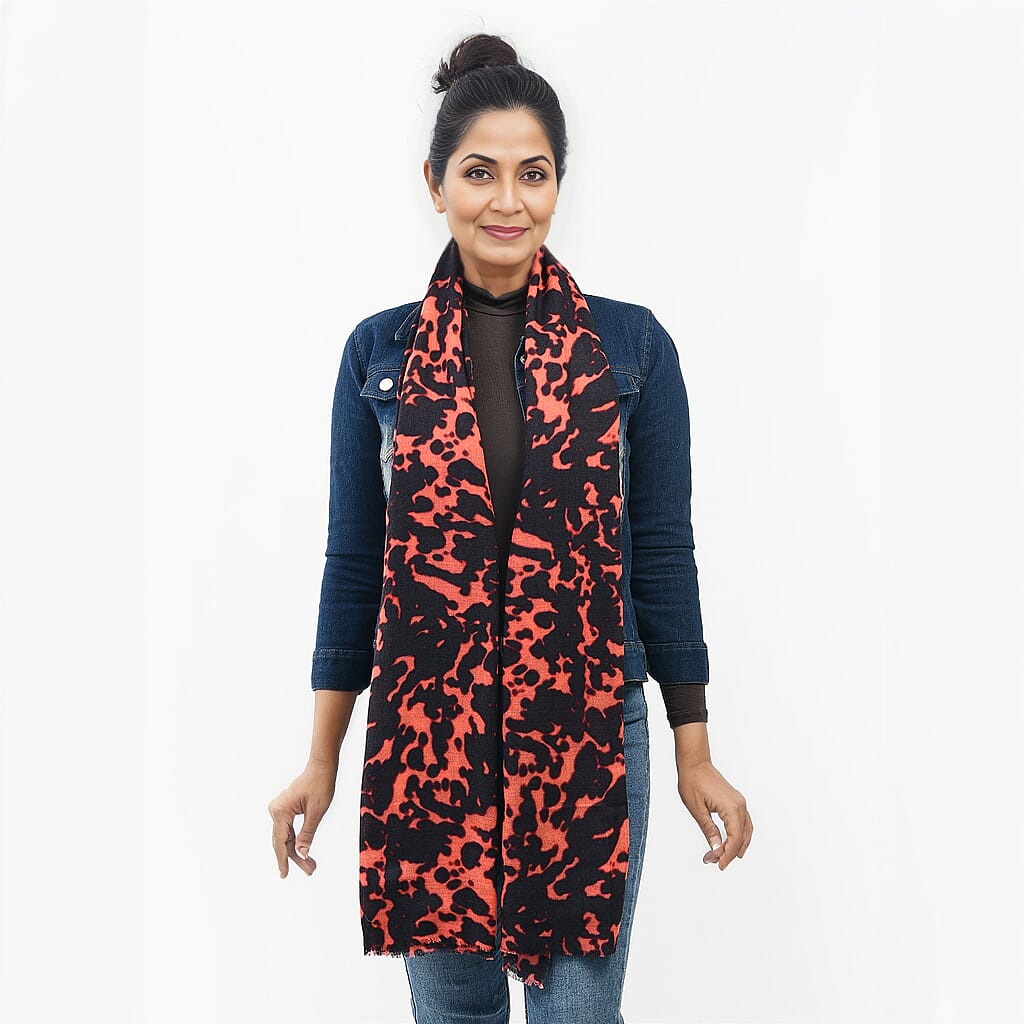 La Marey 100% Cashmere Printed Pashmina Woolen Scarf with Gift Box (Size 190x70cm) - Orange & Black