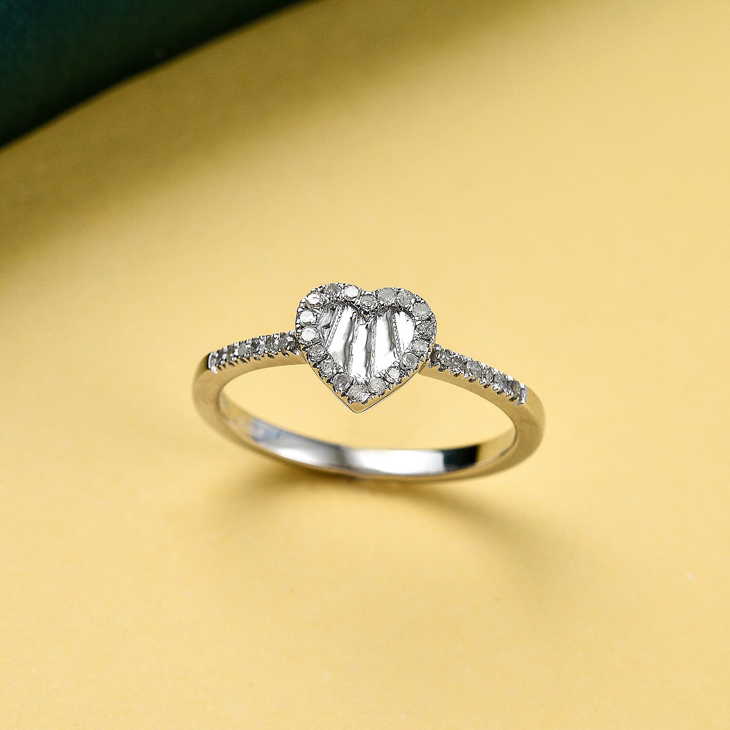 Diamond Heart Ring in Platinum Overlay Sterling Silver 0.15 Ct