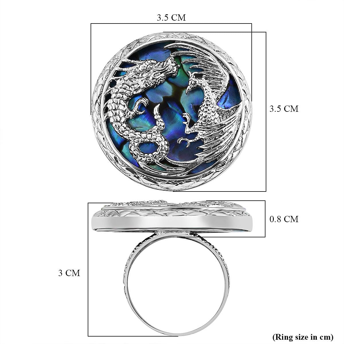 Royal Bali Collection- Garuda and Naga Abalone Shell Handmade Ring in Sterling Silver 13.10 Ct, Silver Wt. 12.10 Gms Royal Bali Collection- Garuda and Naga Abalone Shell Handmade Ring in Sterling Silver 13.10 Ct, Silver Wt. 12.10 Gms