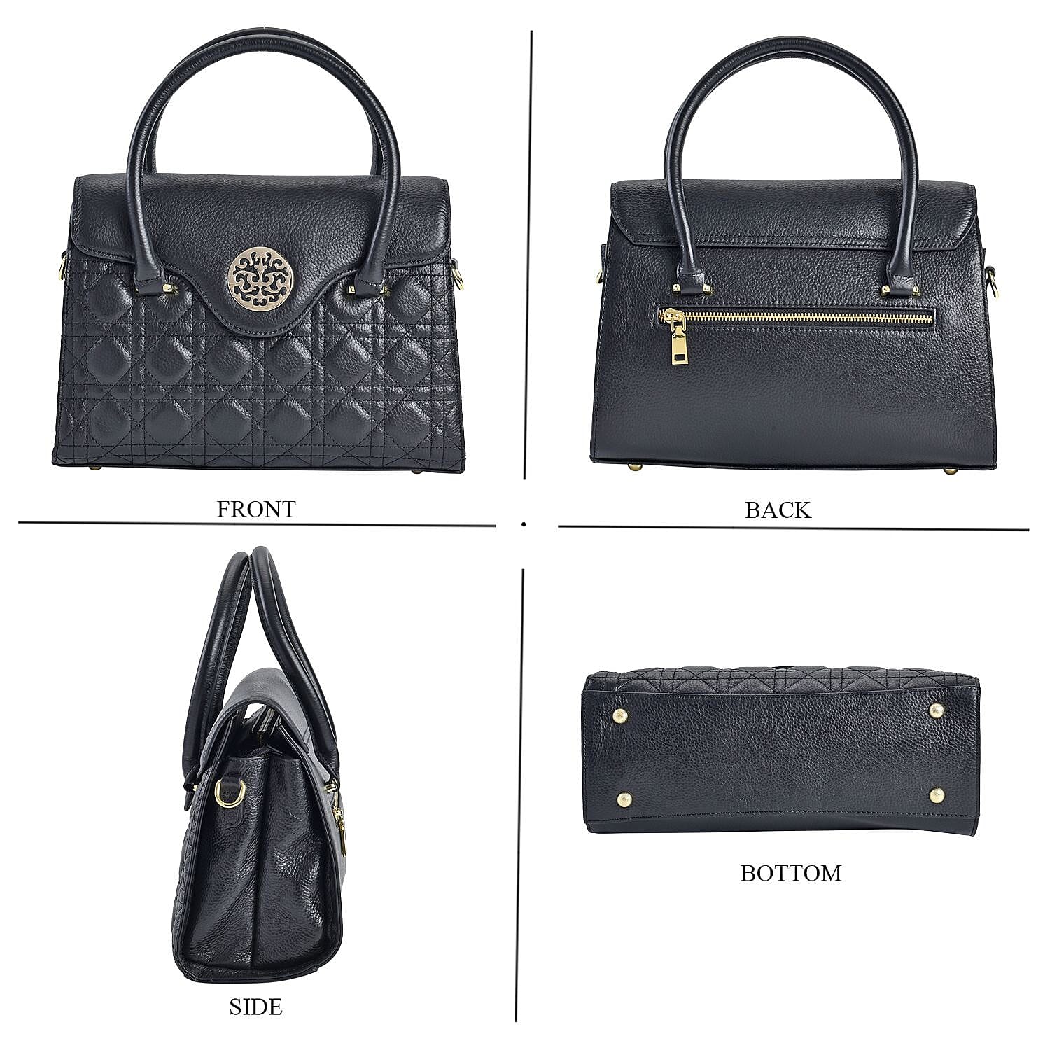  Genuine Leather Crossbody Bag with 2 Exterior Zipped Pockets & Shoulder Strap - Black