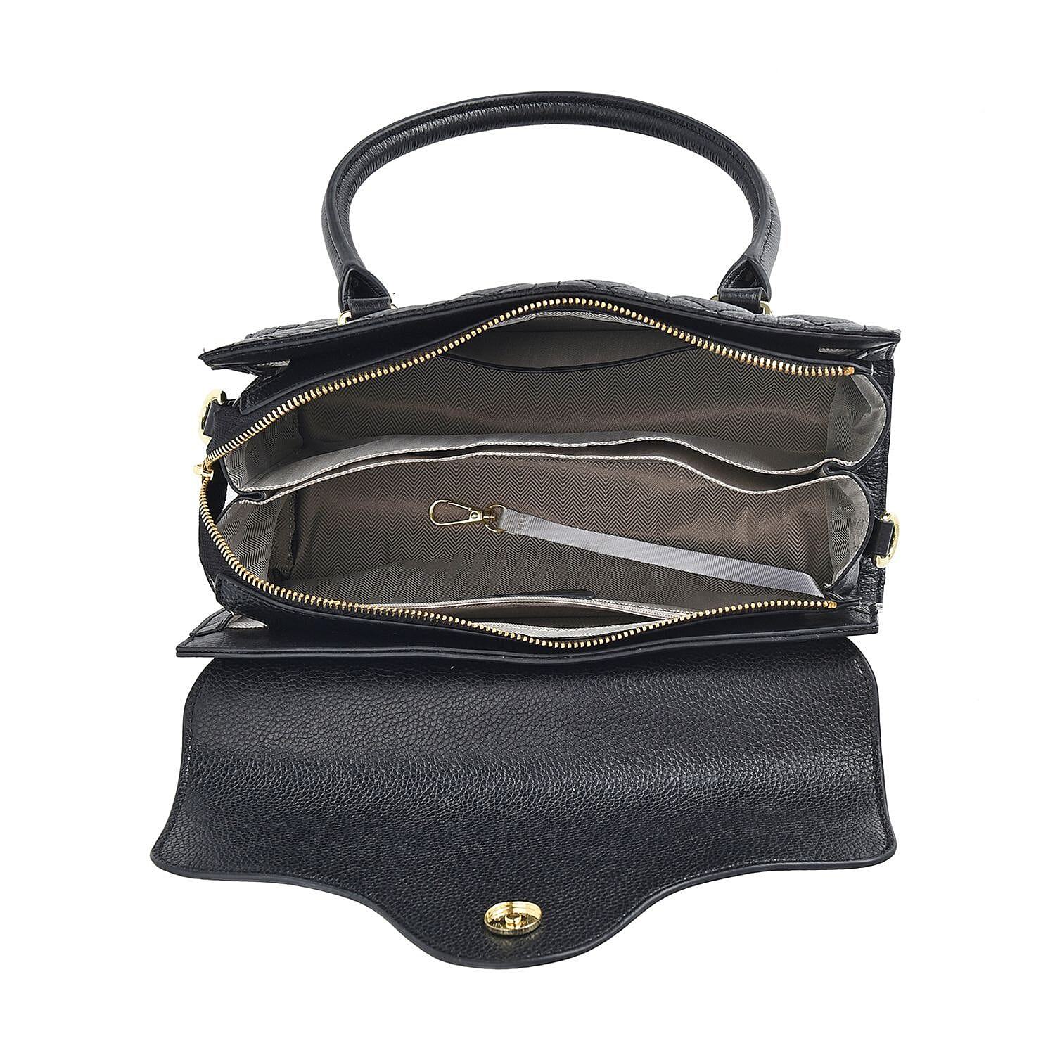  Genuine Leather Crossbody Bag with 2 Exterior Zipped Pockets & Shoulder Strap - Black