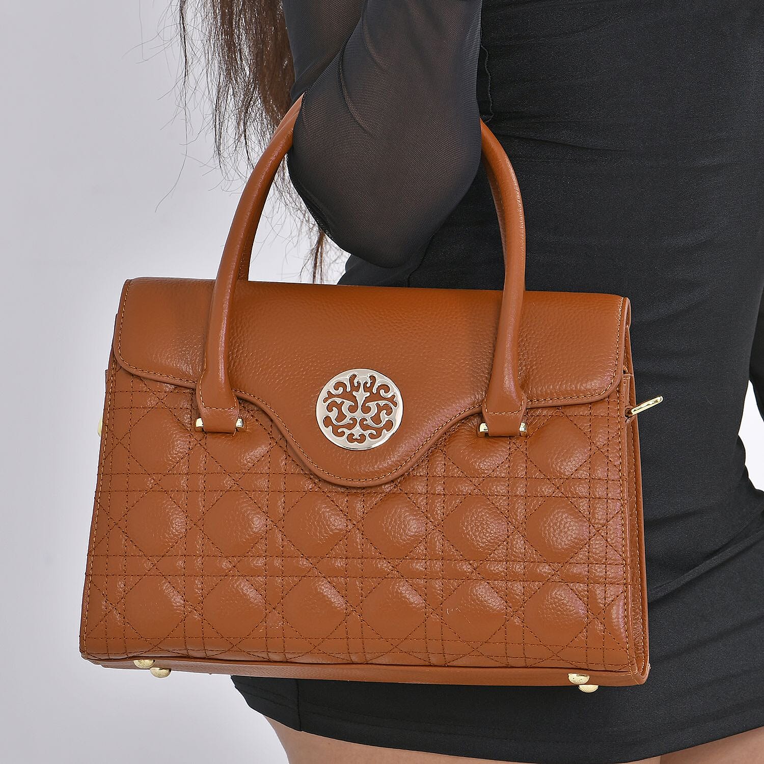 Genuine Leather Crossbody Bag with 2 Exterior Zipped Pockets & Shoulder Strap - Tan