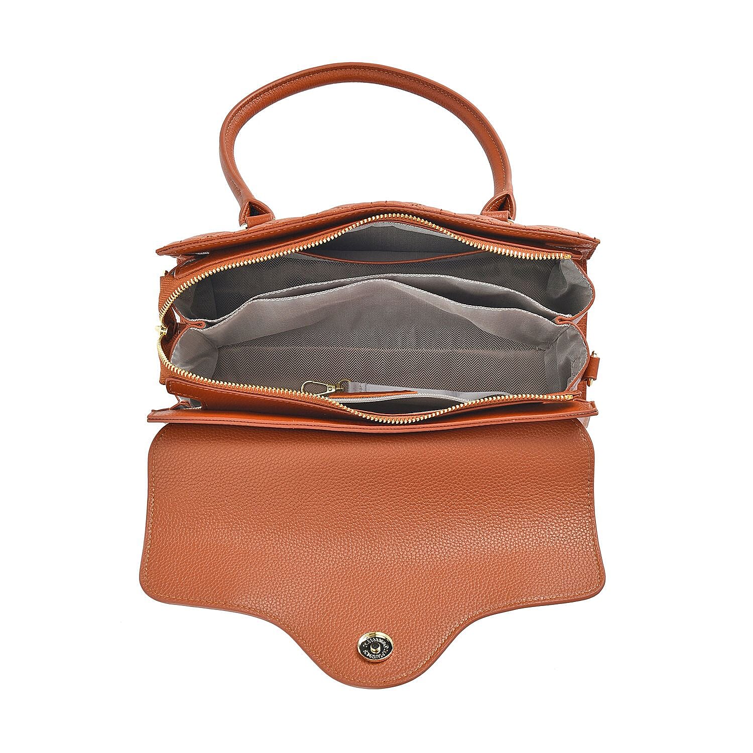 Genuine Leather Crossbody Bag with 2 Exterior Zipped Pockets & Shoulder Strap - Tan