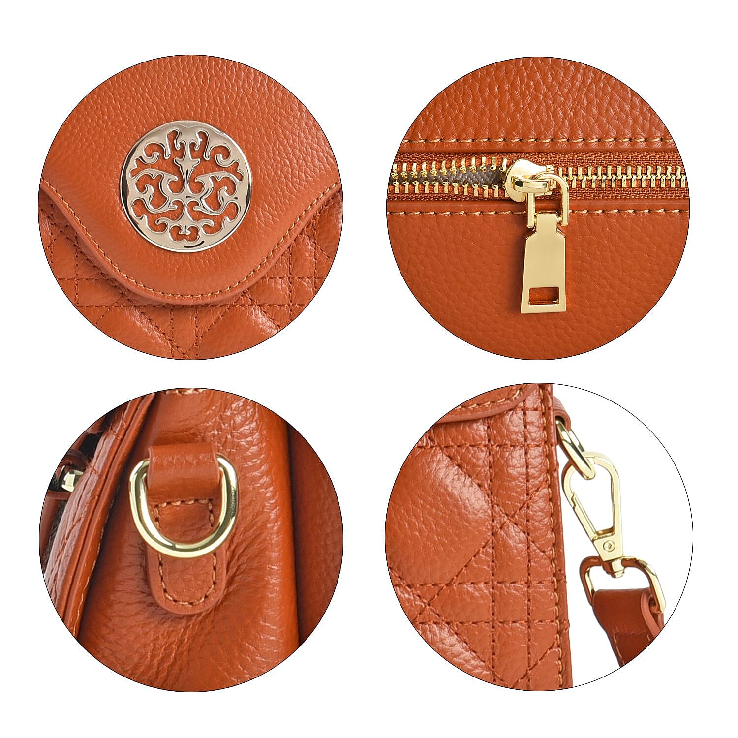 Genuine Leather Crossbody Bag with 2 Exterior Zipped Pockets & Shoulder Strap - Tan