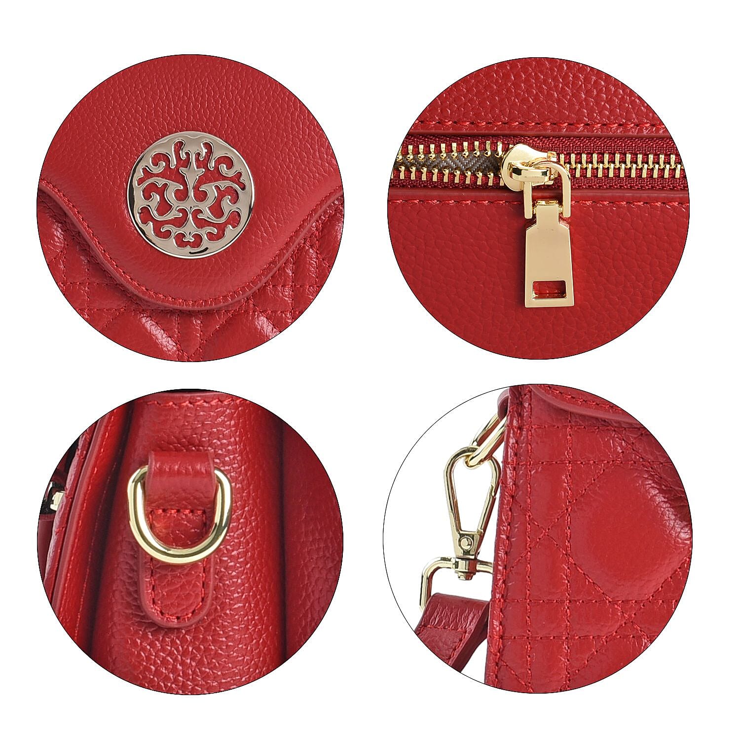 Genuine Leather Crossbody Bag with 2 Exterior Zipped Pockets - Shoulder Strap - Burgundy