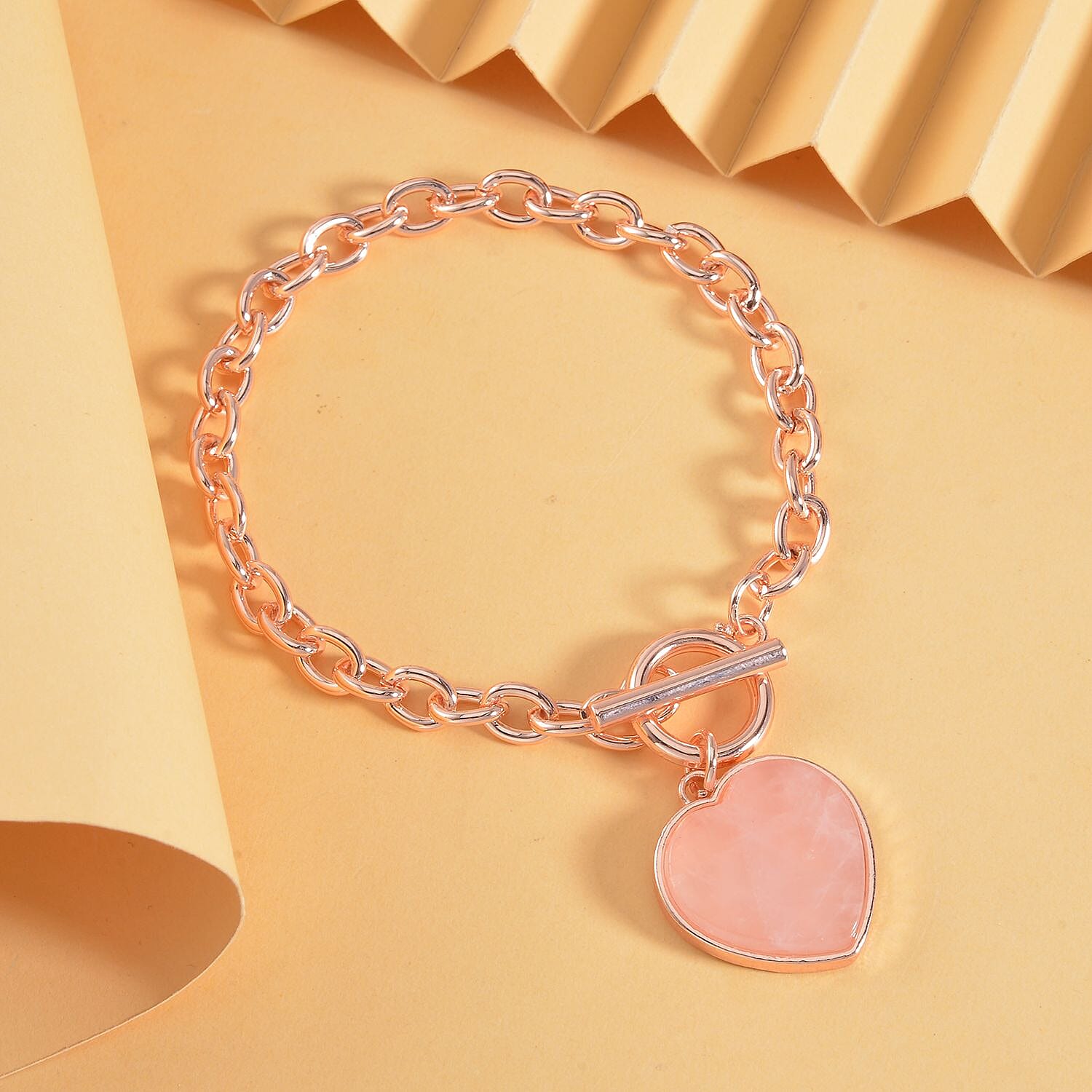 Rose Quartz Flat Heart Charm Toggle Lock Bracelet (Size - 7.5)