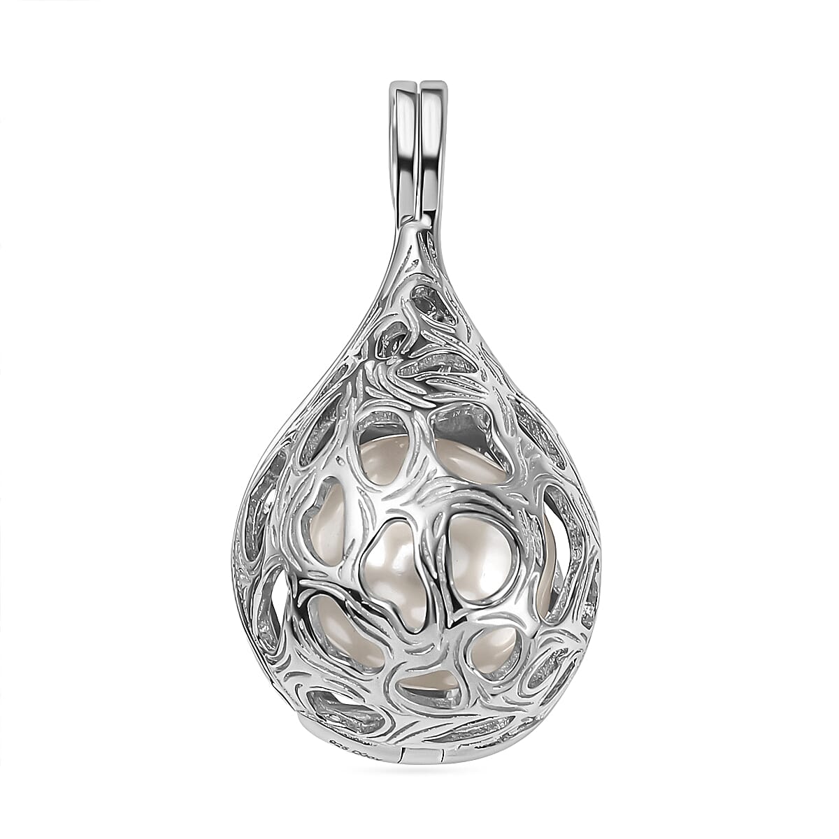 Designer Inspired  - White Edison Pearl Caged Pendant in Rhodium Overlay Sterling Silver