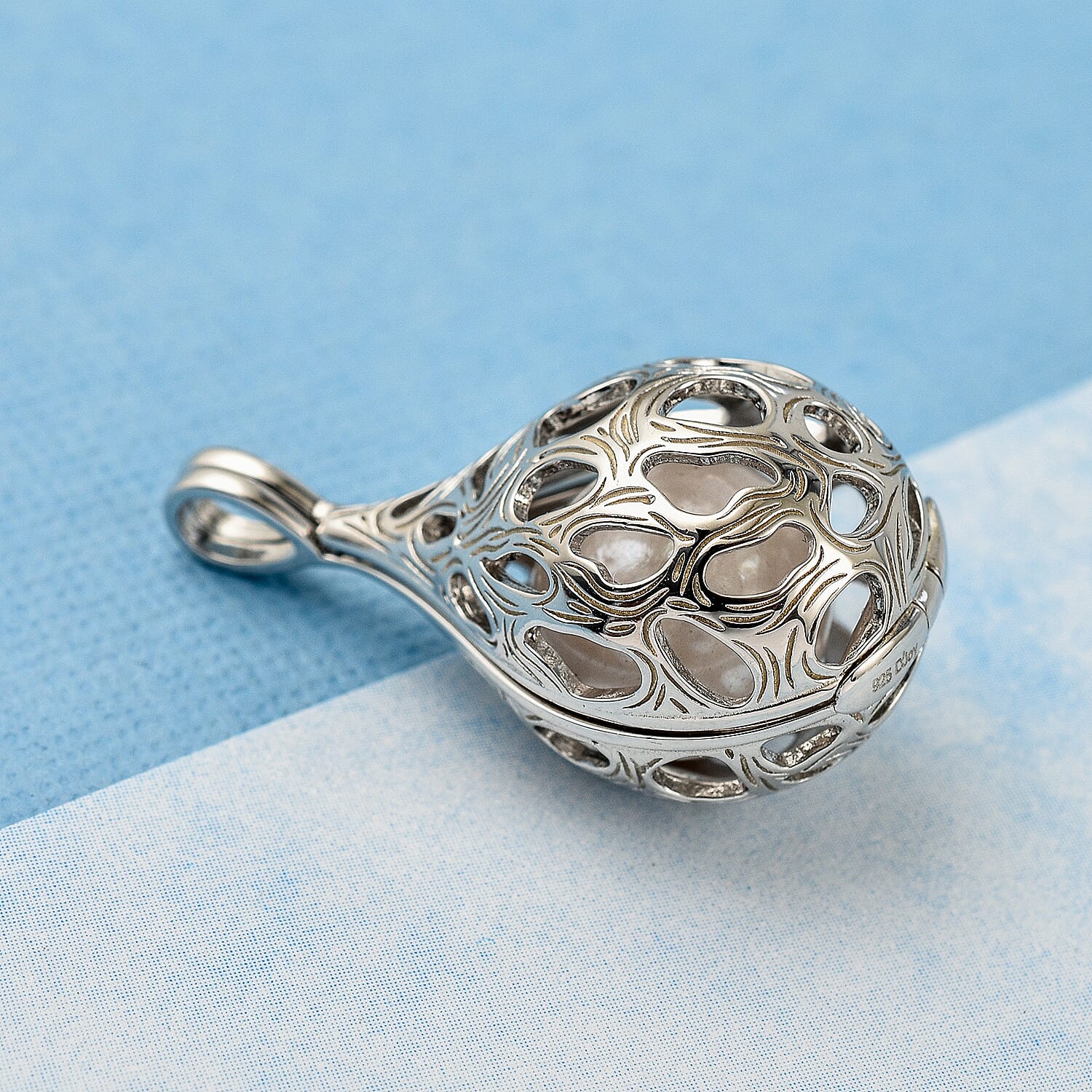 Designer Inspired  - White Edison Pearl Caged Pendant in Rhodium Overlay Sterling Silver