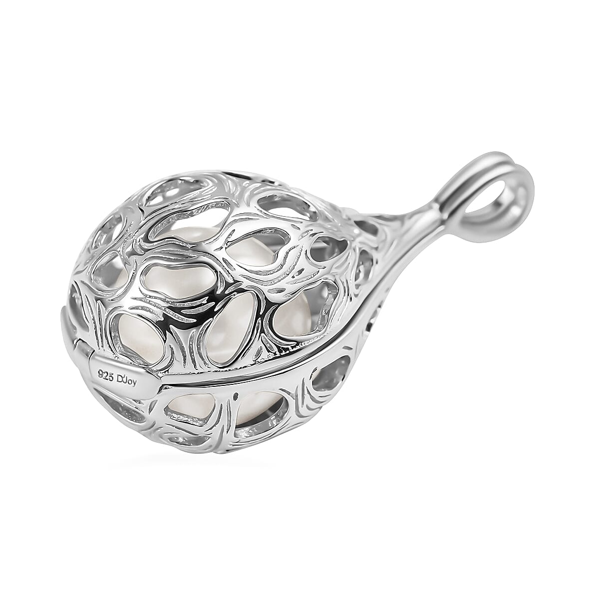 Designer Inspired  - White Edison Pearl Caged Pendant in Rhodium Overlay Sterling Silver