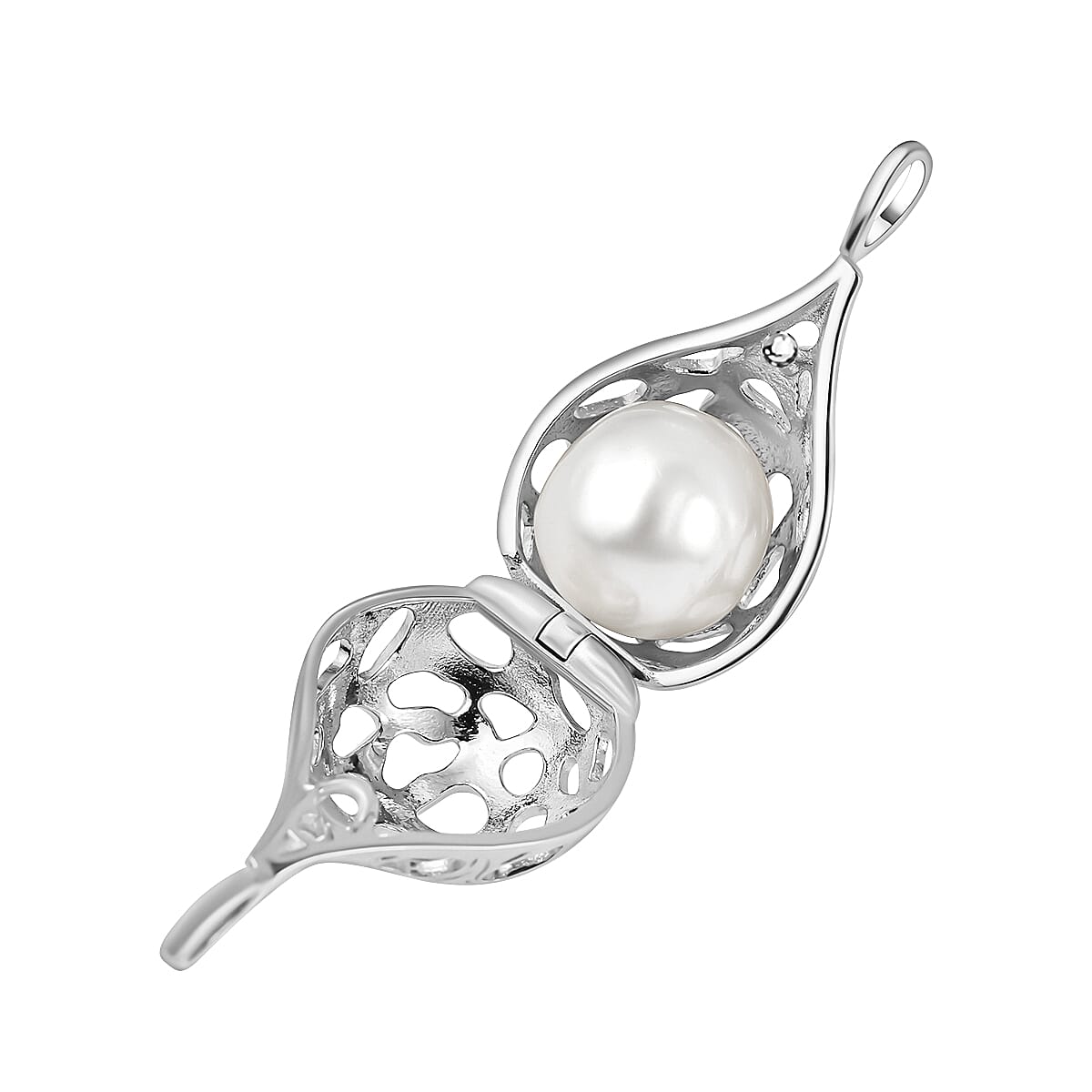 Designer Inspired  - White Edison Pearl Caged Pendant in Rhodium Overlay Sterling Silver