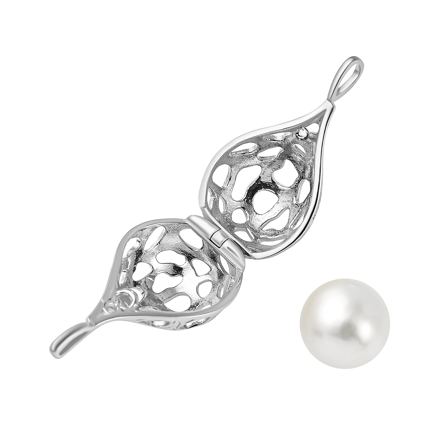 Designer Inspired  - White Edison Pearl Caged Pendant in Rhodium Overlay Sterling Silver