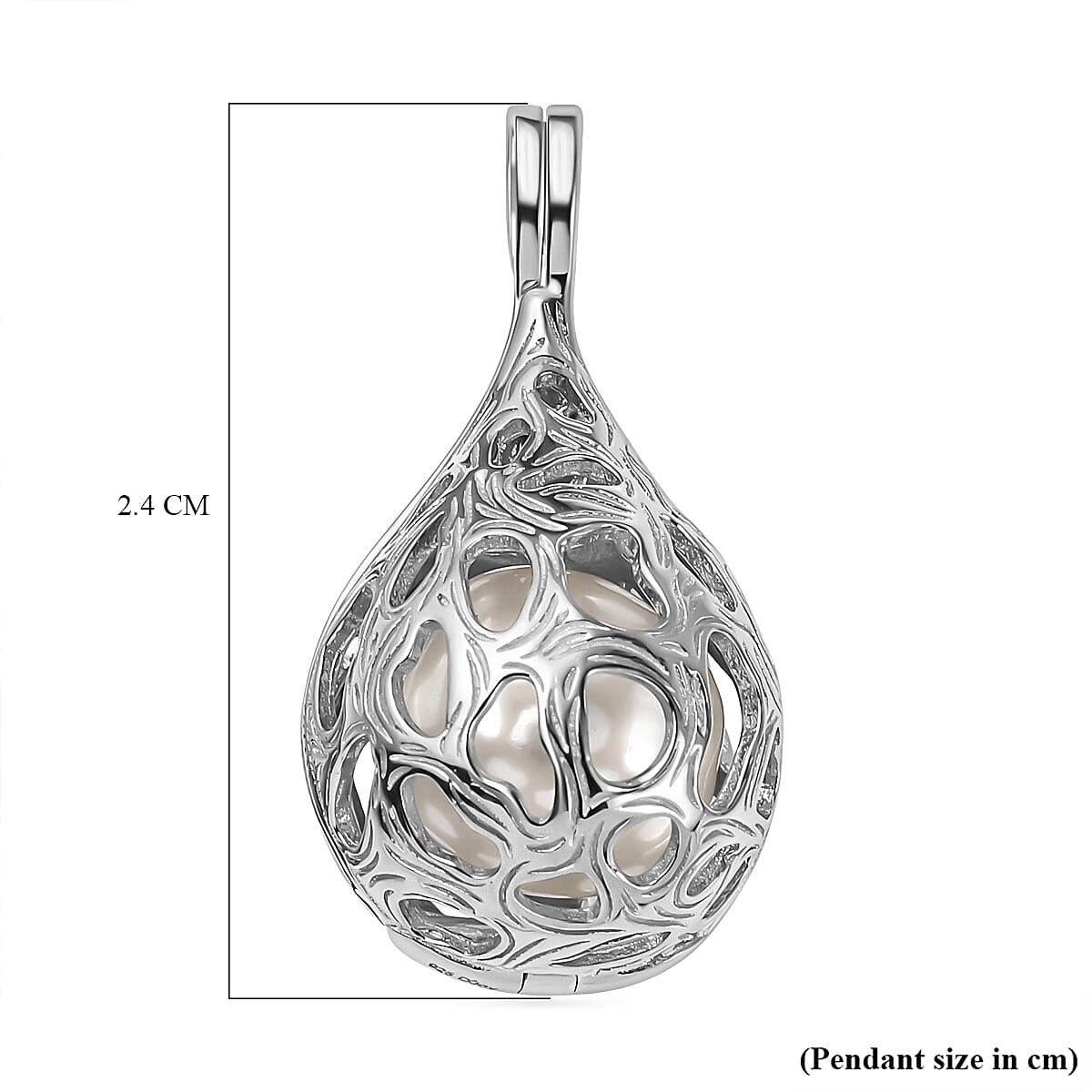 Designer Inspired  - White Edison Pearl Caged Pendant in Rhodium Overlay Sterling Silver