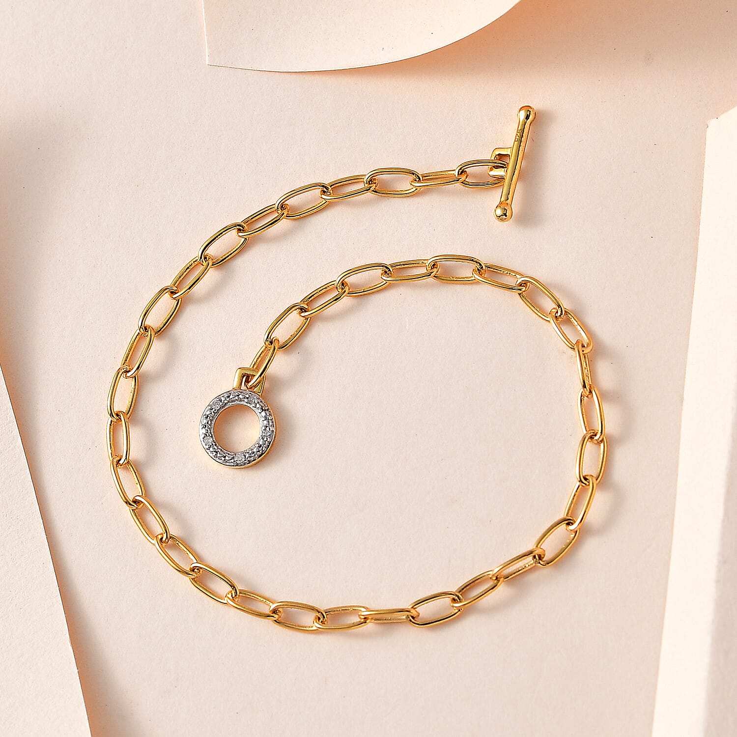 Designer Inspired - Diamond Paperclip Bracelet (Size - 7.5) With T-Bar Clasp in 18K Vermeil Yellow Gold Plated Sterling Silver