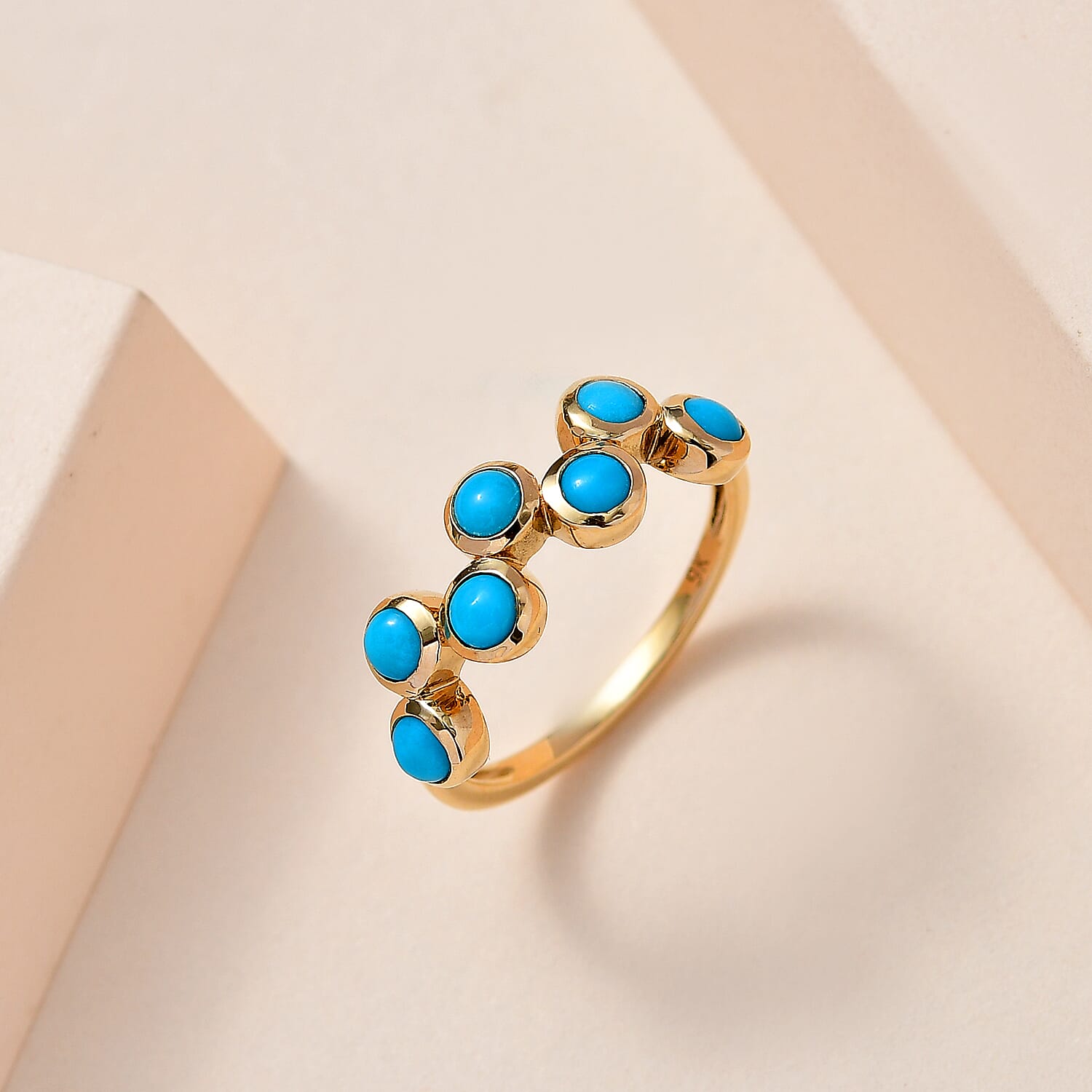 9K Yellow Gold  Arizona Sleeping Beauty Turquoise 7 Stone Ring