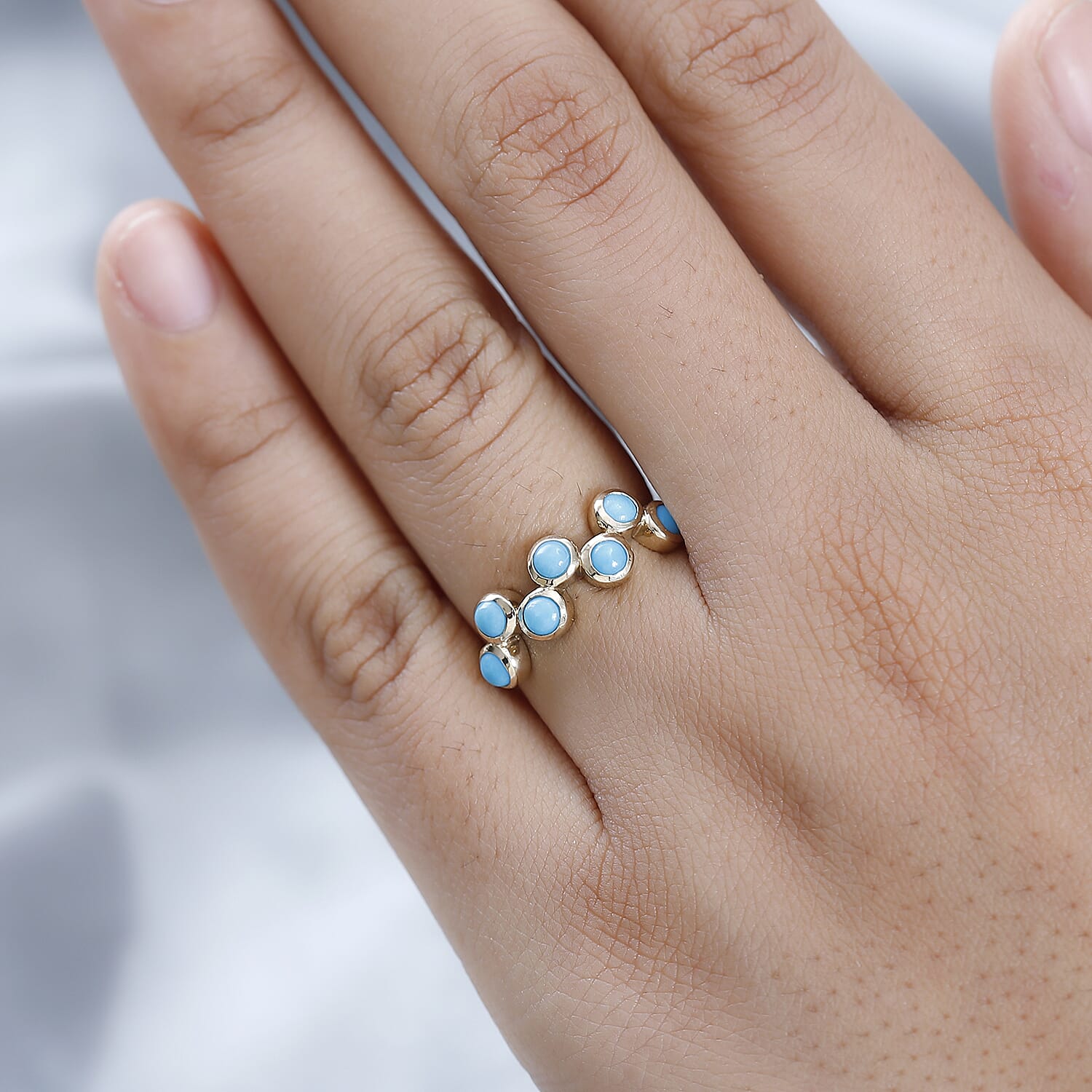 9K Yellow Gold  Arizona Sleeping Beauty Turquoise 7 Stone Ring