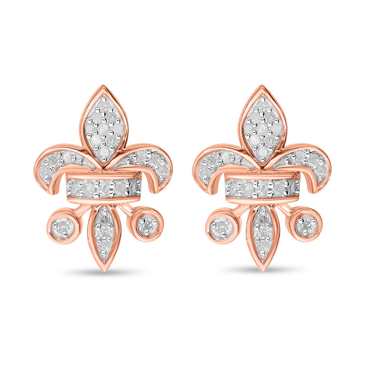 Diamond Fleur De Lis Stud Earrings in 18K Vermeil Rose Gold Plated Sterling Silver 0.23 Ct