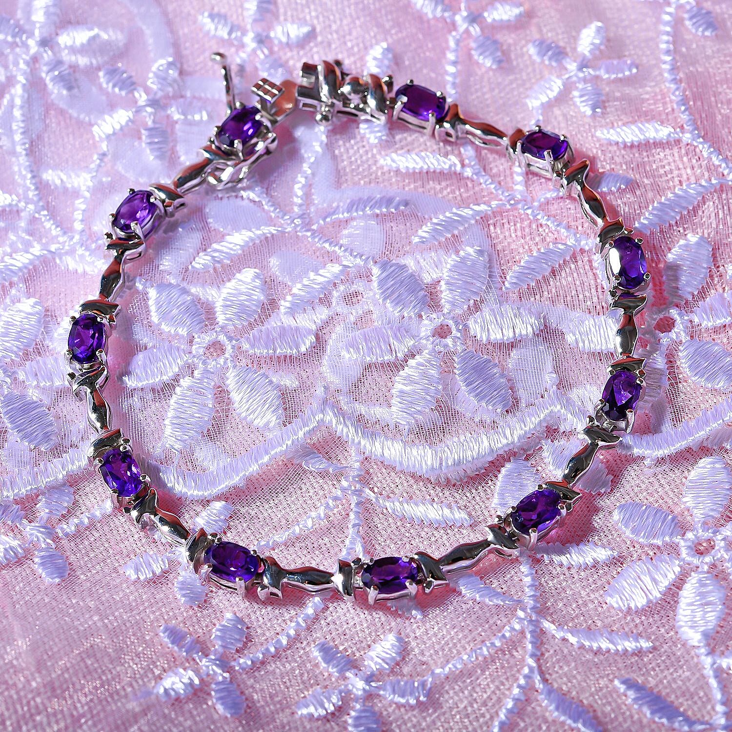 Amethyst Bracelet (Size - 7.5) in Rhodium Overlay Sterling Silver 4.00 Ct, Silver Wt. 8 Gms