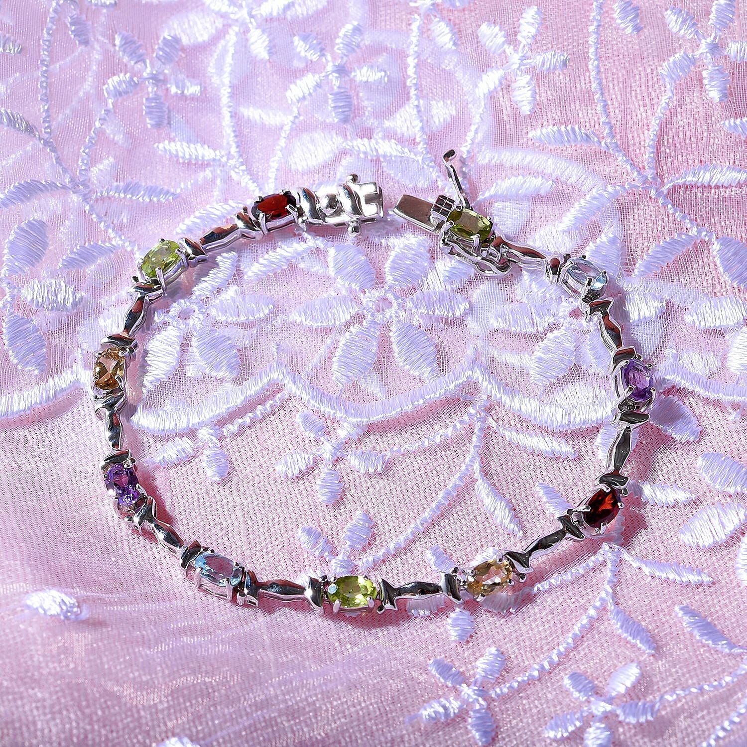 Multi Gemstone Tennis Bracelet (Size - 7.5) in Rhodium Overlay Sterling Silver 5.50 Ct, Silver Wt 9.00 GM