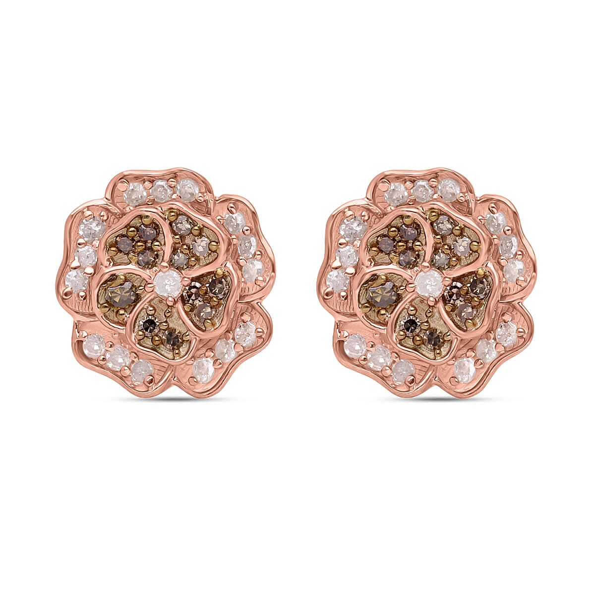 White & Champagne Diamond Floral Earrings in 18K Vermeil Rose Gold Plated Sterling Silver 0.36 Ct