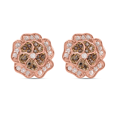 White Diamond and Champagne Diamond Floral Stud Earrings in 18K Vermeil Rose Gold Plated Sterling Silver 0.36 Ct