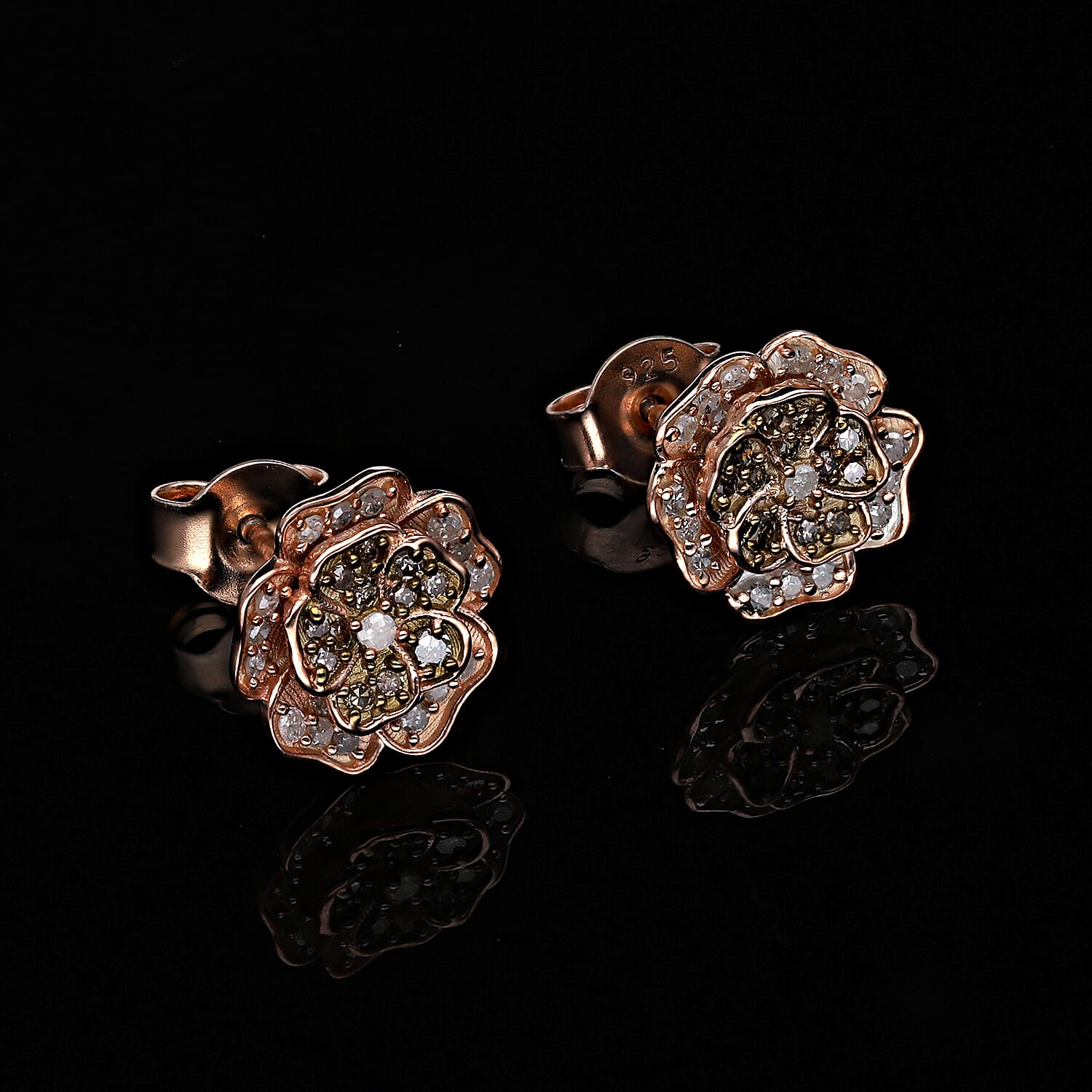 White & Champagne Diamond Floral Earrings in 18K Vermeil Rose Gold Plated Sterling Silver 0.36 Ct