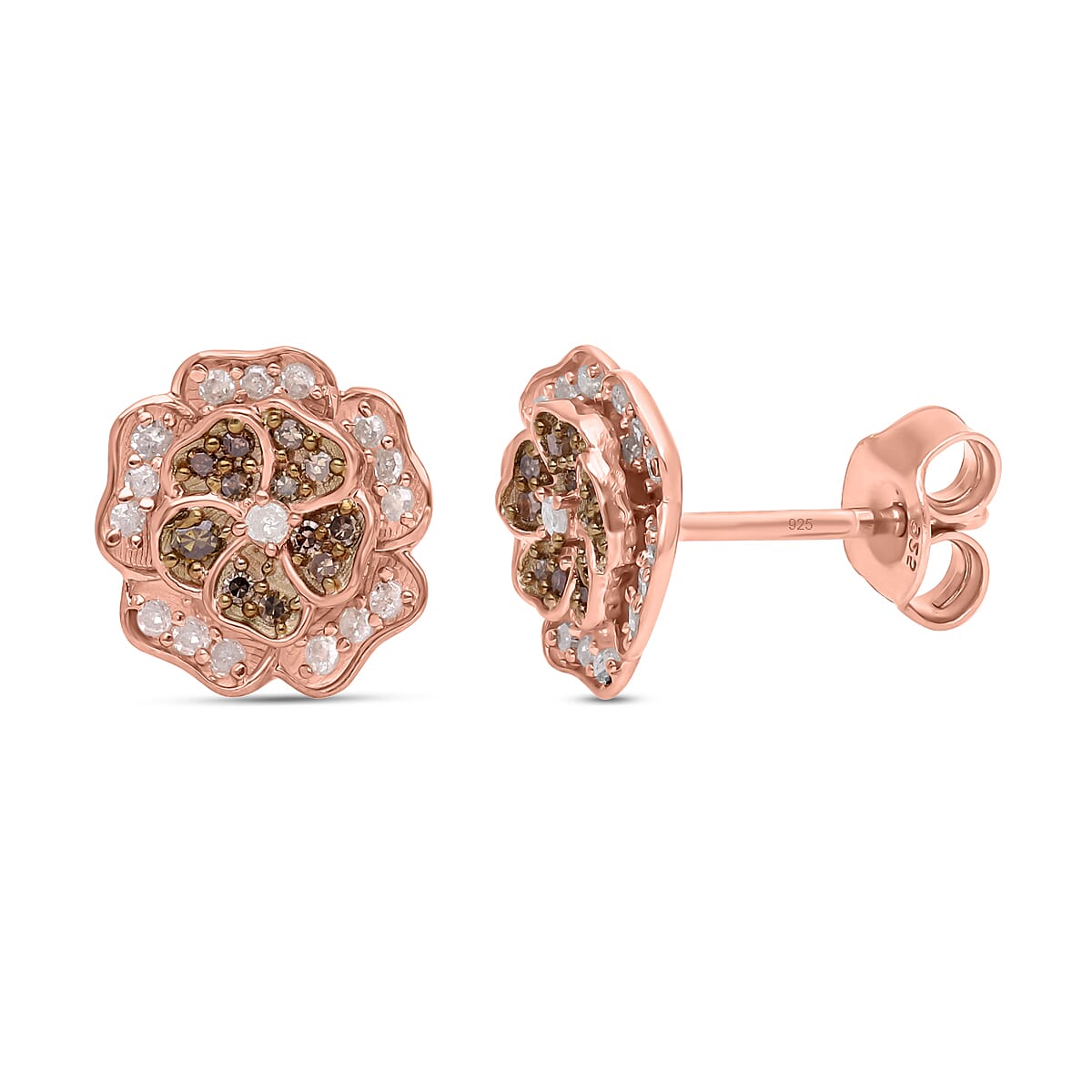 White & Champagne Diamond Floral Earrings in 18K Vermeil Rose Gold Plated Sterling Silver 0.36 Ct